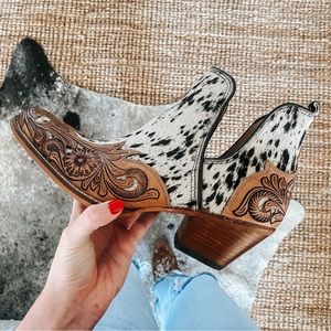 NWT Myra Genuine Leather Hair On Hide Tooled Cow Print Cowgirl Booties Boots